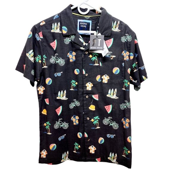 Mens Reverse Threads Black Short-Sleeve Shirt  Tropical Patent Casual Fit Size S - Picture 1 of 10